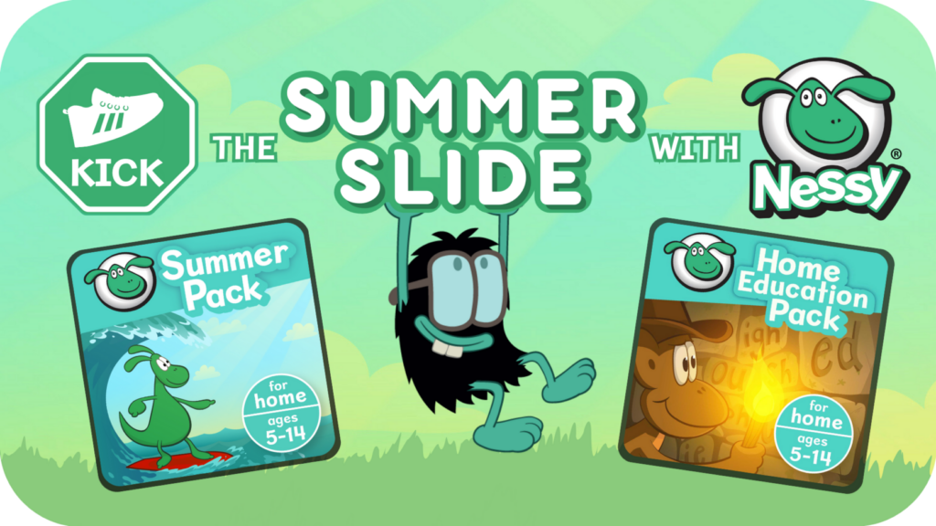 image of nessy summer pack and home education pack with character hanging off text 'kick the summer slide with nessy'