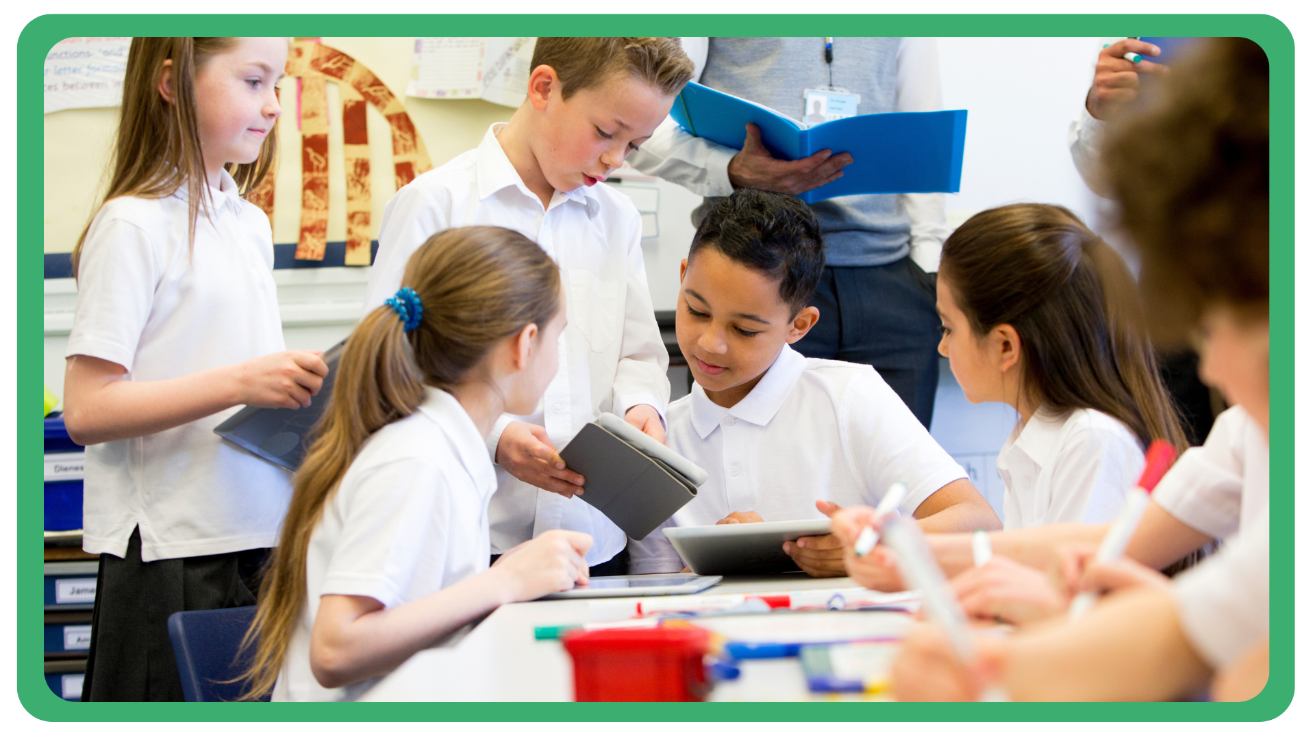 Classroom with children in white shirts reading books